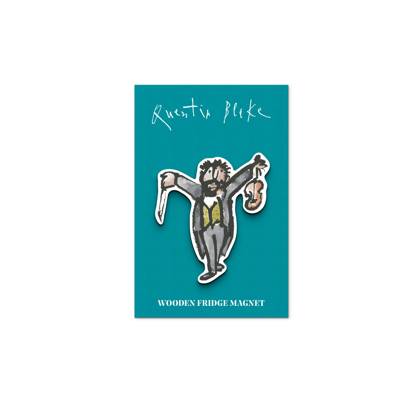 Wooden fridge magnet packaging with a n illustrated character on a teal background