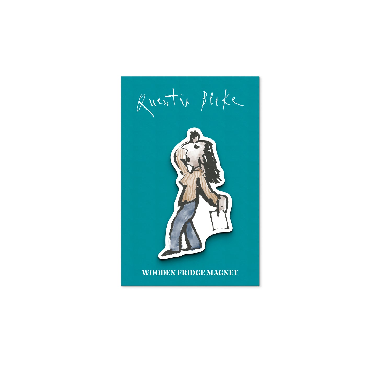 Wooden fridge magnet with a design of a dramatic character on a teal background