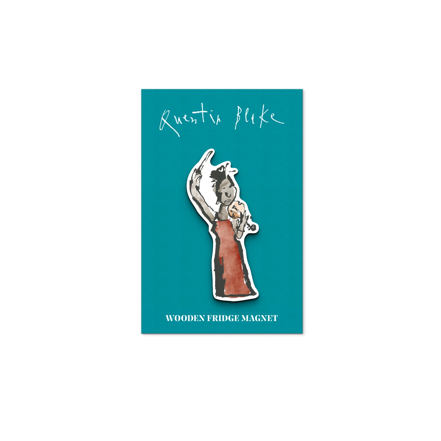 Wooden fridge magnet with a character in a red dress playing the violin design on a teal card