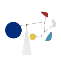 A mobile with variously colored blades made from aluminium, mounted on hand-bent steel rods, with a steel base for stability.