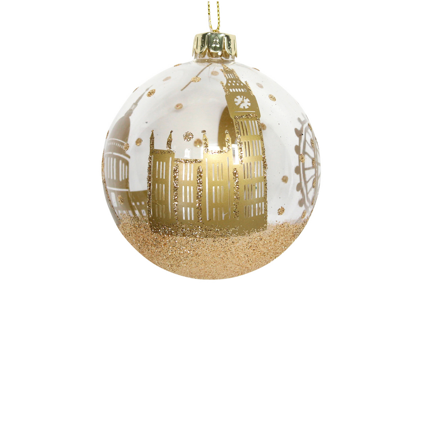 Round glass bauble featuring Westminster Palace in glitter gold