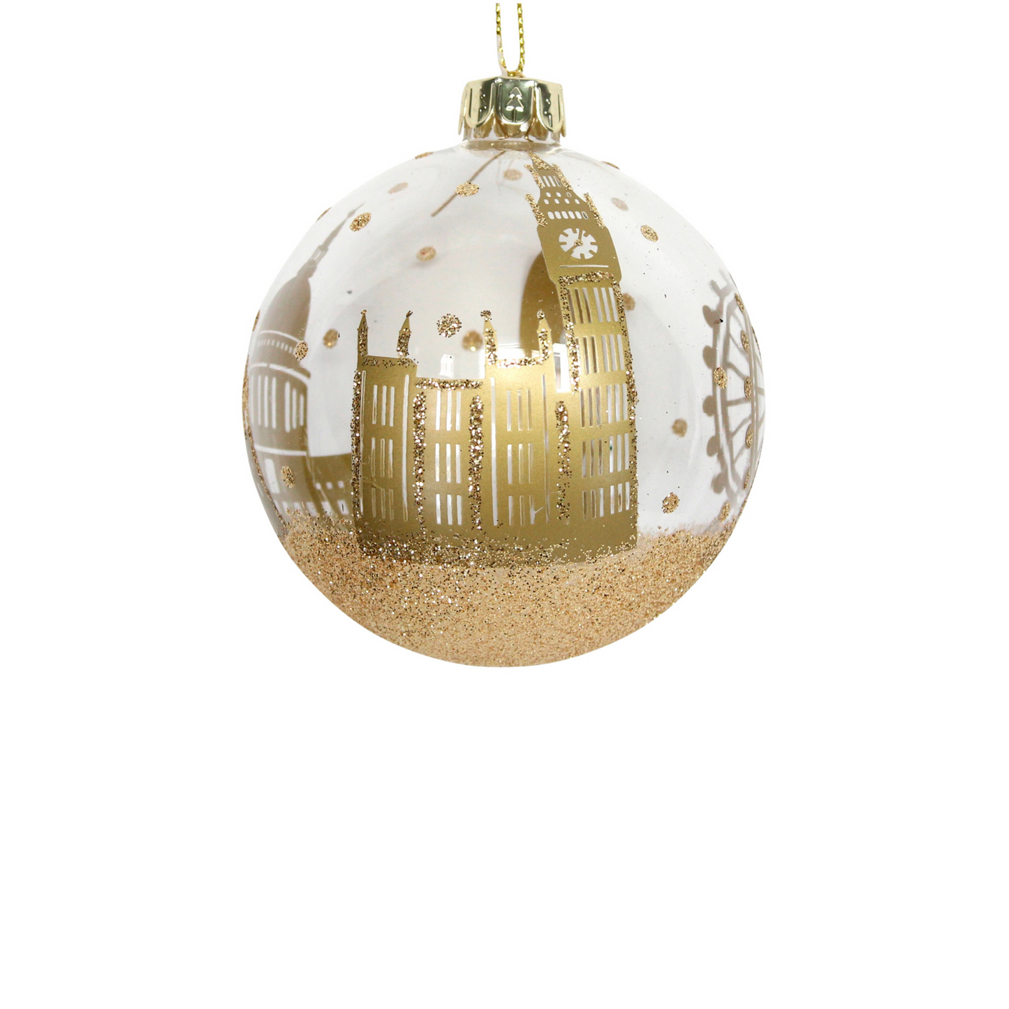 Load image into Gallery viewer, Round glass bauble featuring Westminster Palace in glitter gold

