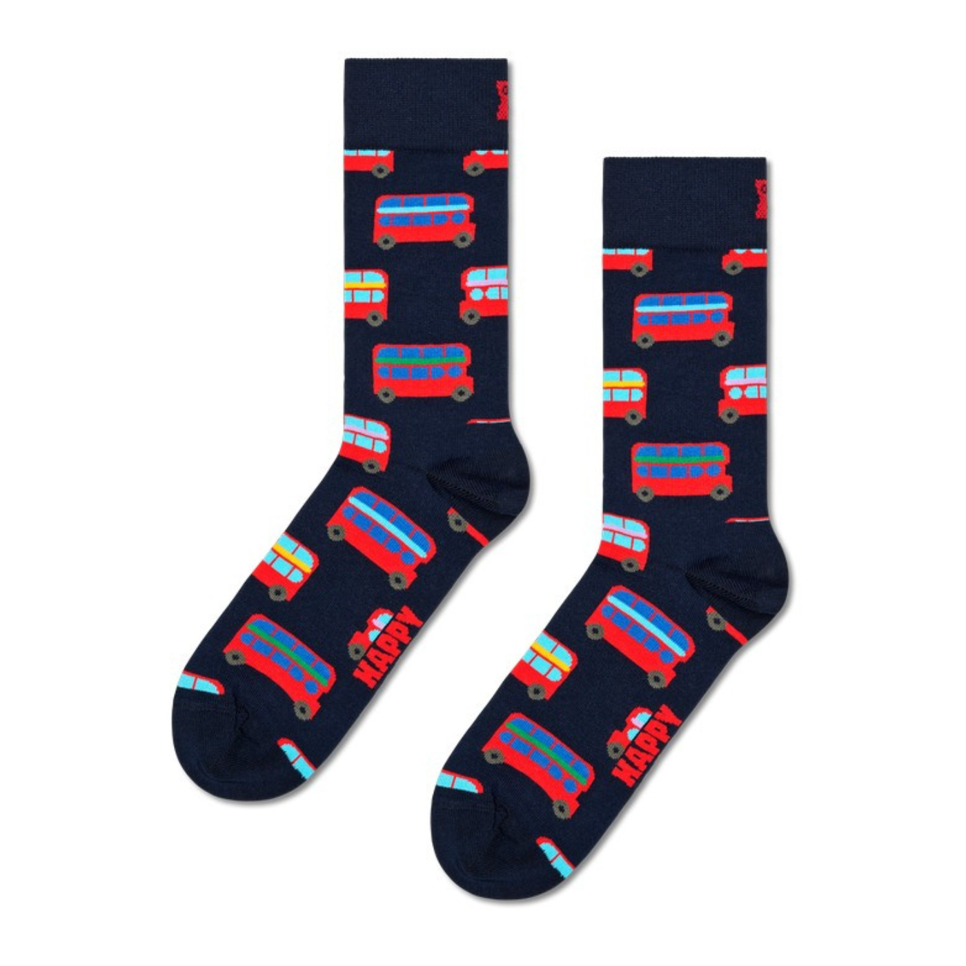 Cotton socks with a London bus repetitive design.