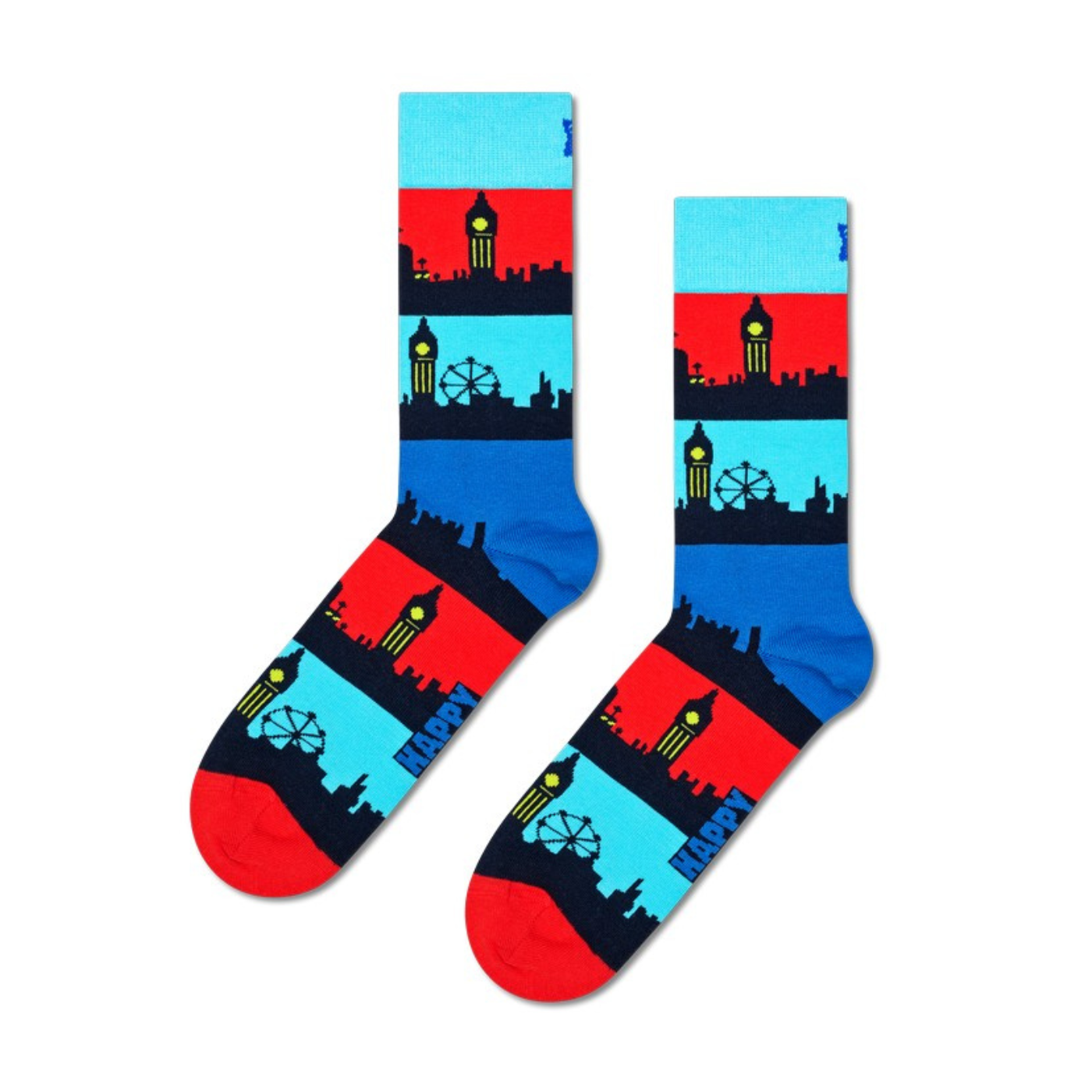 Cotton socks with a design of the London city skyline in a repetitive pattern.