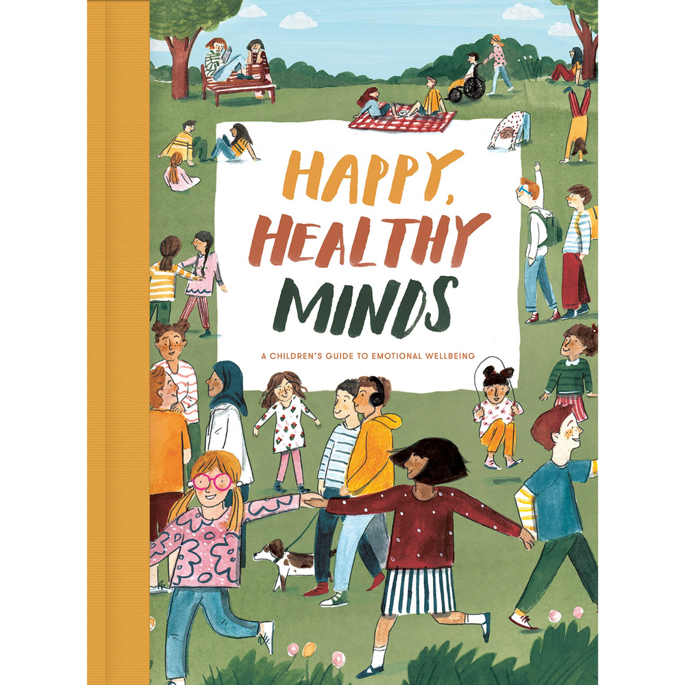 Happy, Healthy Minds book front cover illustrating young children playing and walking through a grass field.