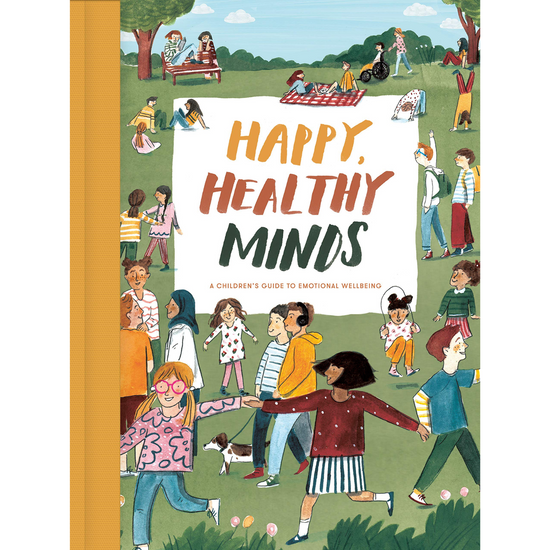 Happy, Healthy Minds book front cover illustrating young children playing and walking through a grass field.
