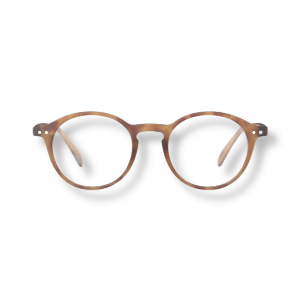 
                  
                    Round reading glasses with a brown frame.
                  
                