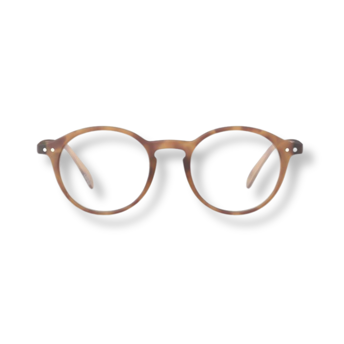 Round reading glasses with a brown frame.