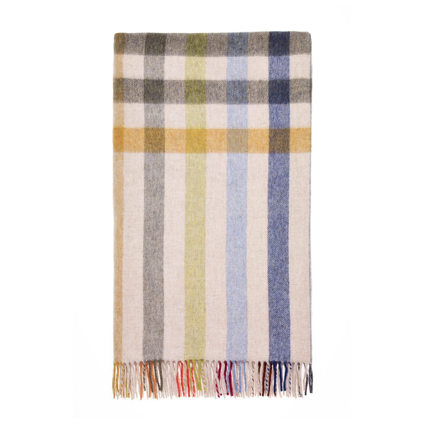 Wool blanket with a stripe design and hem frills.