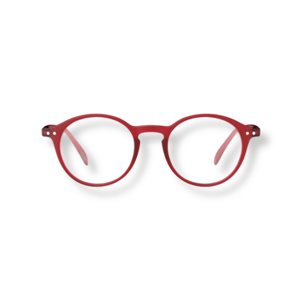 
                      
                        Round reading glasses with a red frame.
                      
                    