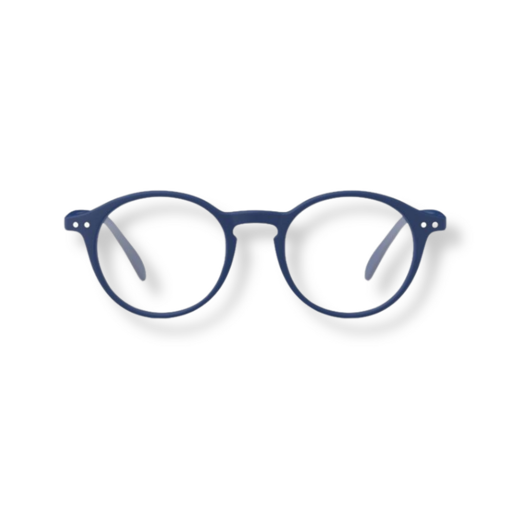 
                      
                        Round reading glasses with a navy blue frame.
                      
                    