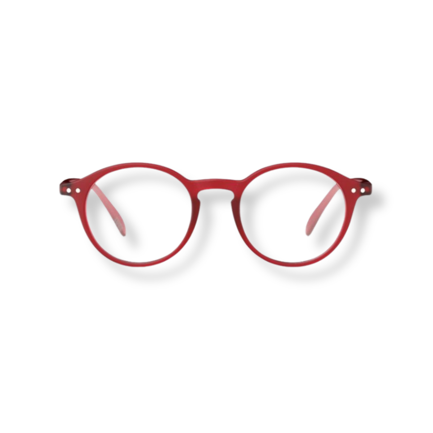 Round reading glasses with a red frame.