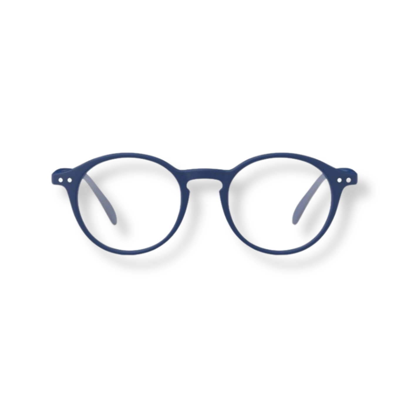 Round reading glasses with a navy blue frame.