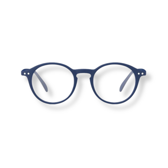 Round reading glasses with a navy blue frame.