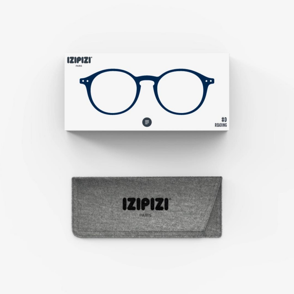 
                      
                        Box packaging of the IZIPIZI Iconic Reading Glasses and the grey protective glasses case that is included inside.
                      
                    