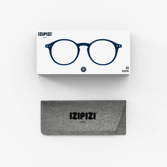 Box packaging of the IZIPIZI Iconic Reading Glasses and the grey protective glasses case that is included inside.