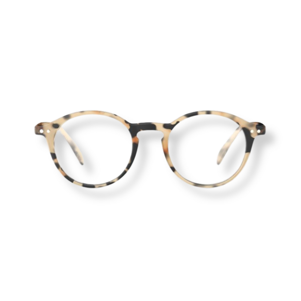 
                  
                    Round reading glasses with a light tortoiseshell frame.
                  
                