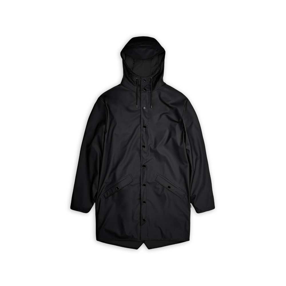 
                  
                    Front side of the Rains Long Jacket, buttoned up, colour black.
                  
                