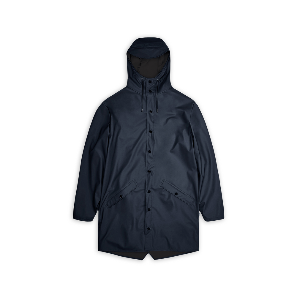 
                      
                        Front side of the Rains Long Jacket, buttoned up, colour navy.
                      
                    