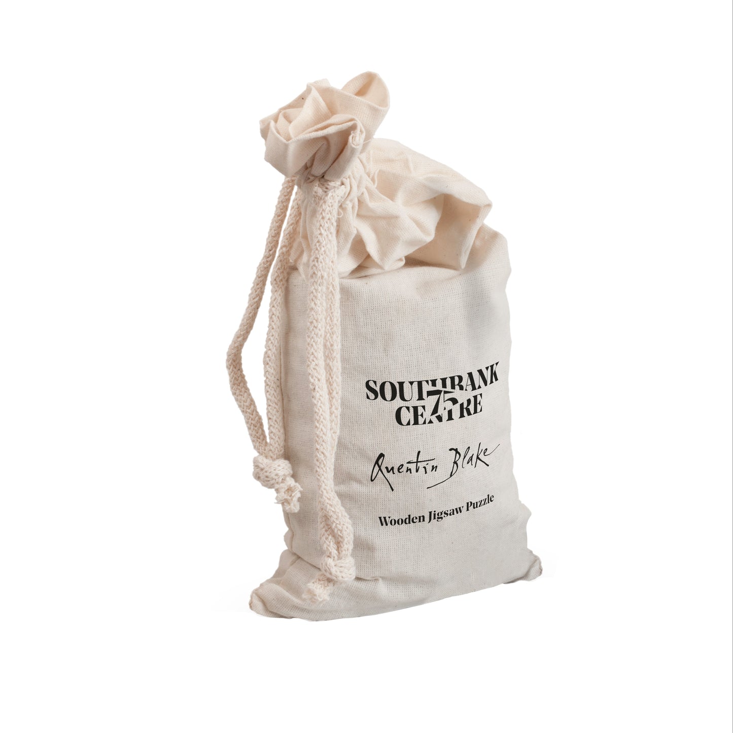 Beige drawstring wooden jigsaw puzzle bag with 'Southbank Centre' branding on a white background