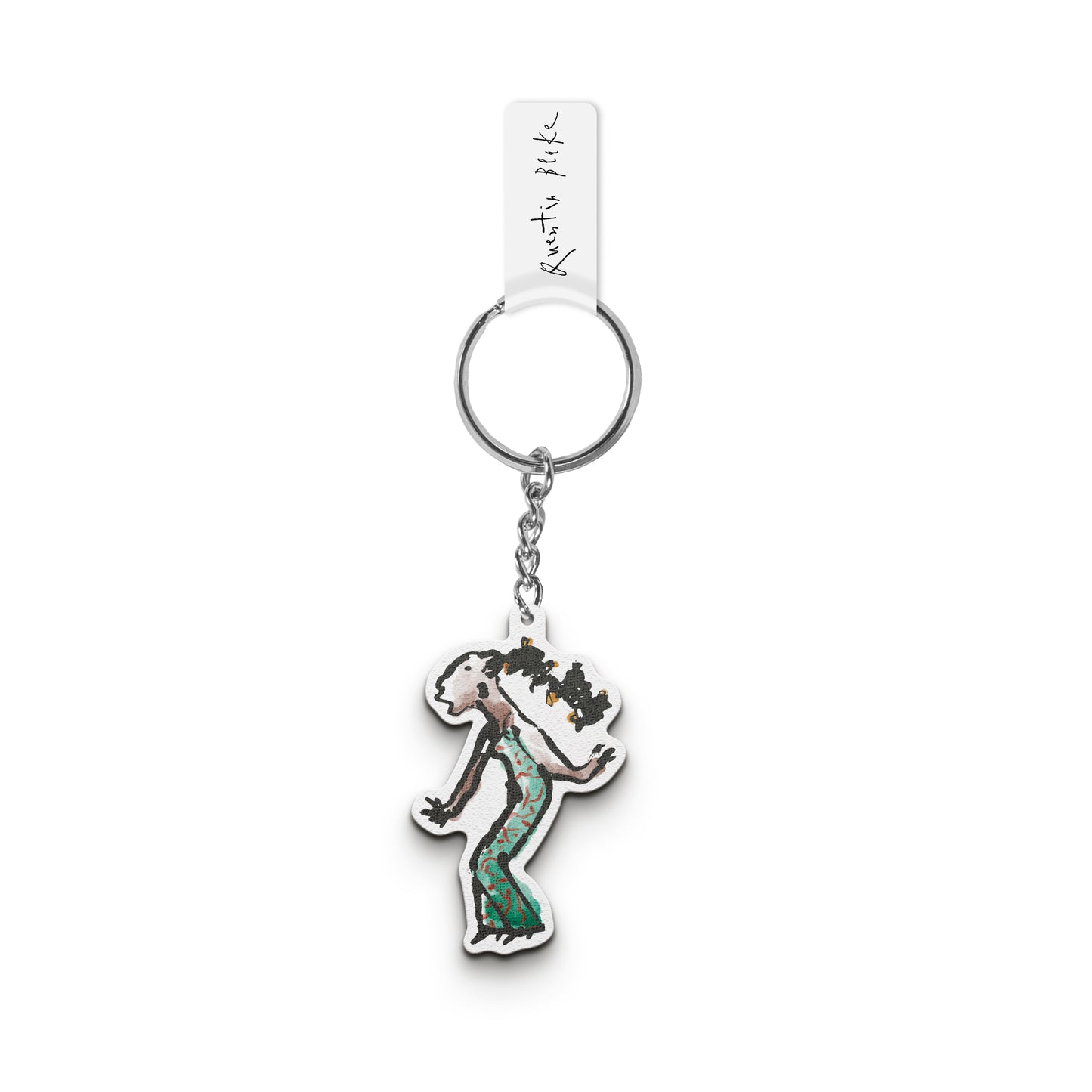 Keychain with a singing person-shaped charm on a white background