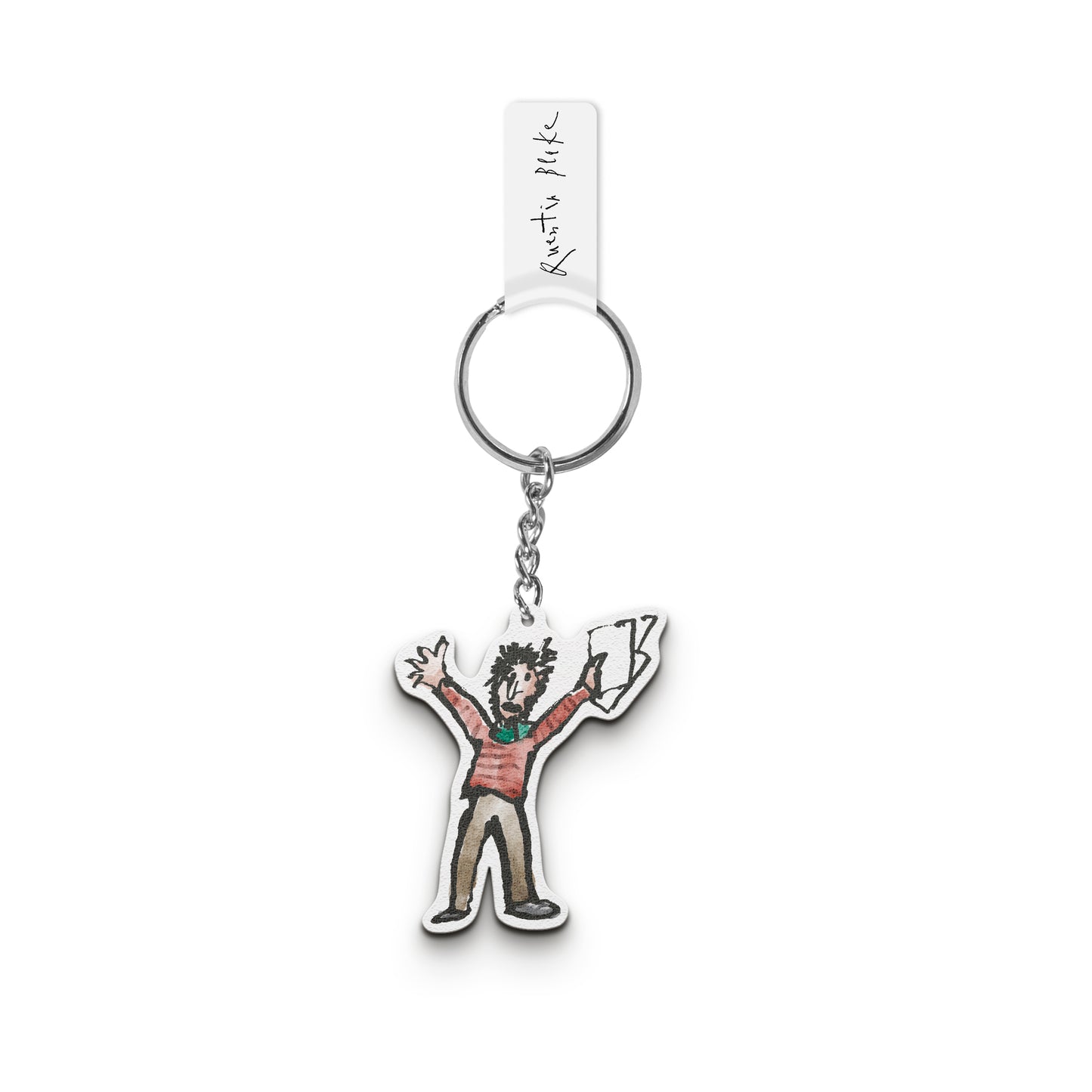 Keychain with a cartoon character holding a piece of paper with their hands in the air on a white background