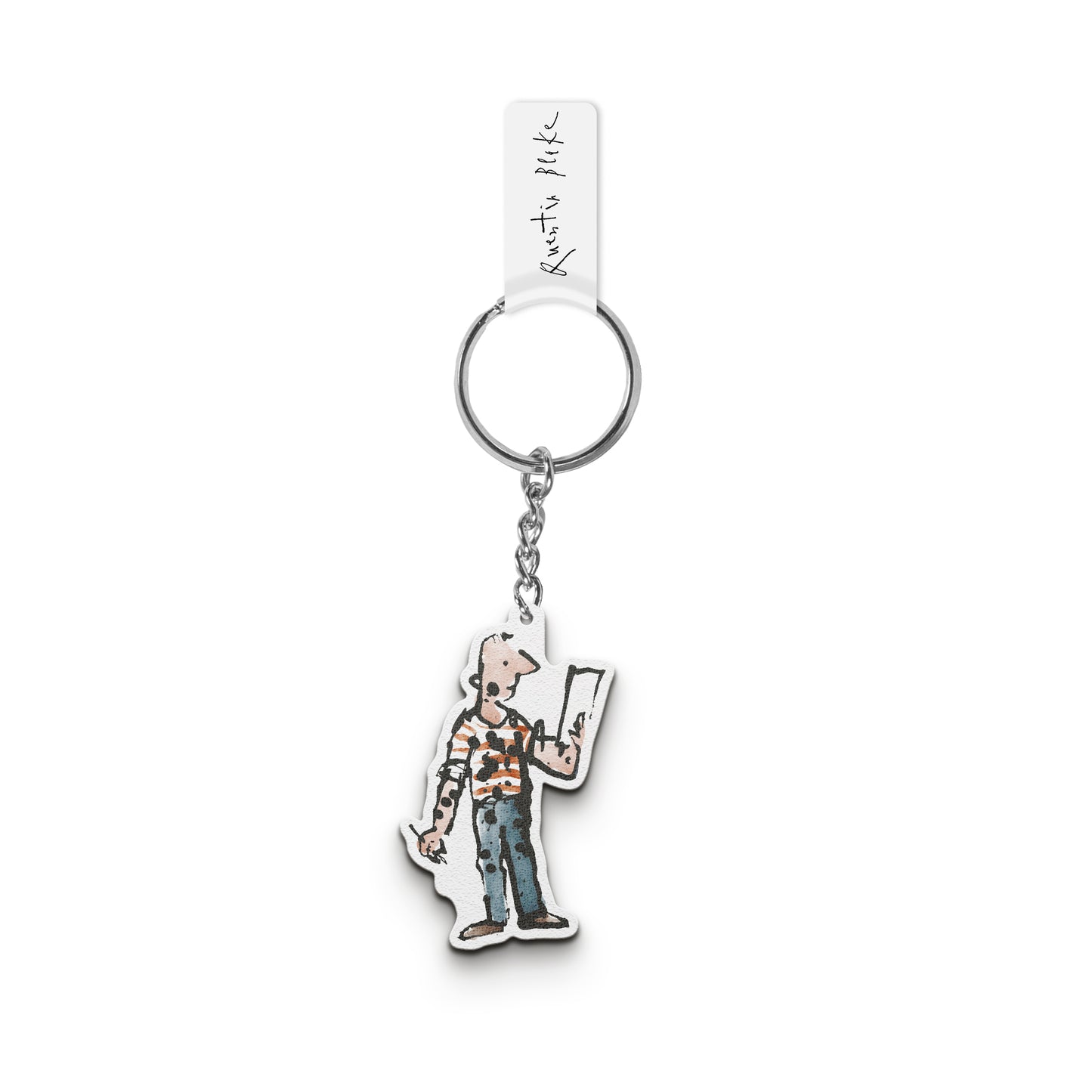 Keychain with a character holding a piece of paper and a paint brush on a white background