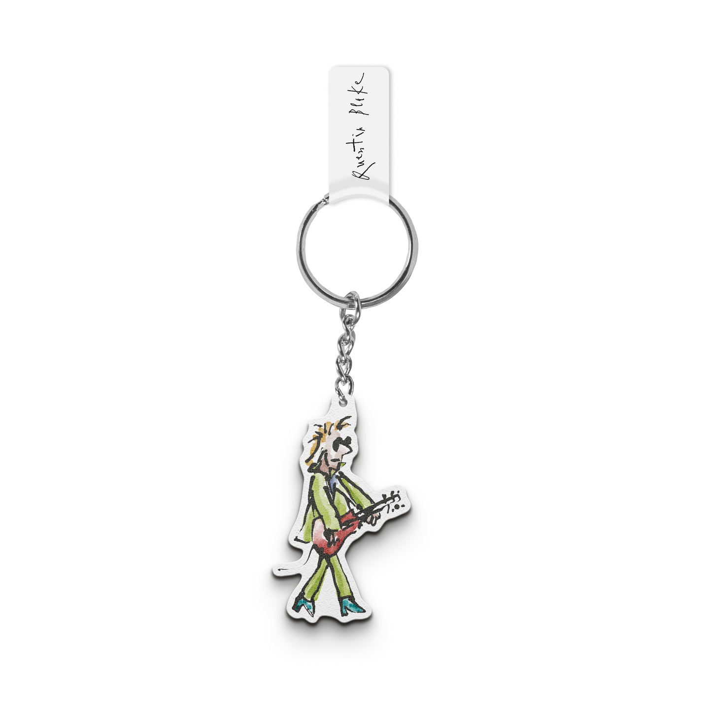 Keychain with a character holding a guitar on a white background