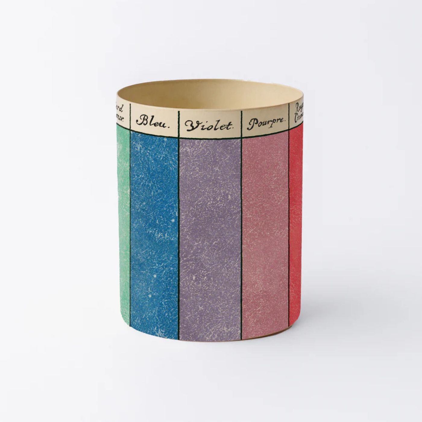 Cylindrical container with colour swatches on a white background