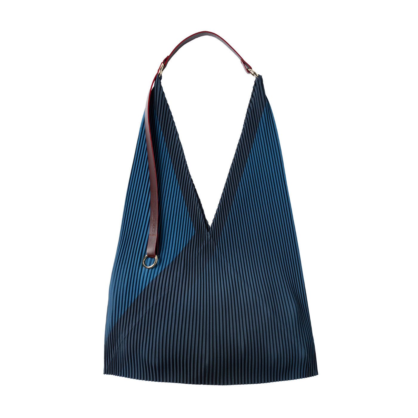 Blue pleated bag with a brown strap on a white background