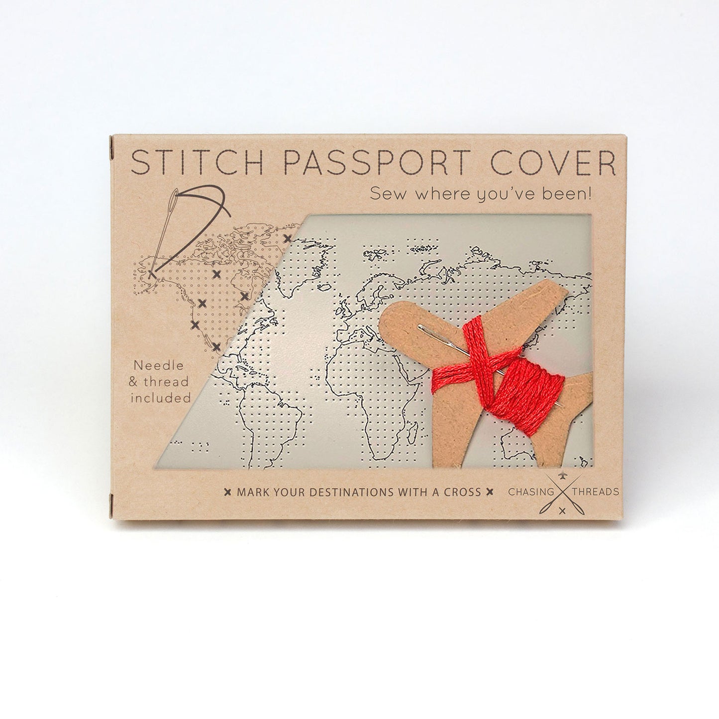 Stitch passport cover with world map design and red thread on a white background