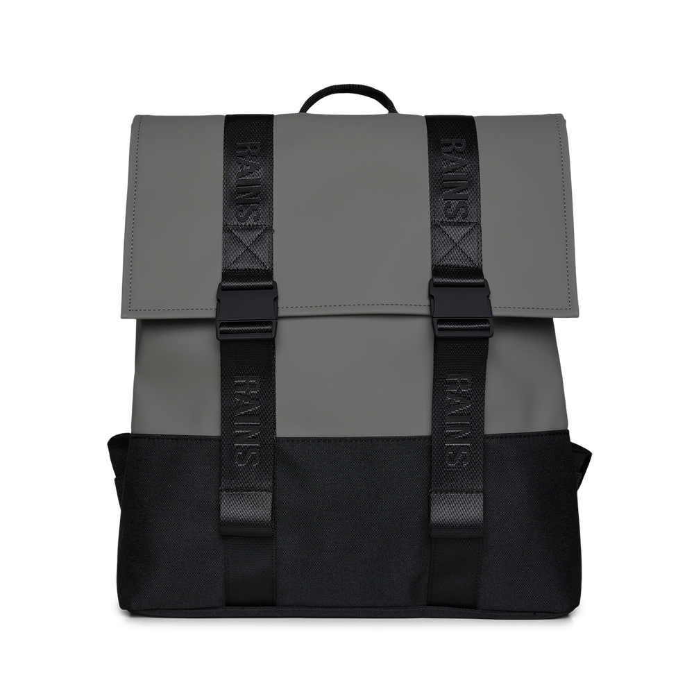 
                  
                    Front side of the Rains MSN Trail Backpack, with two large black straps.
                  
                
