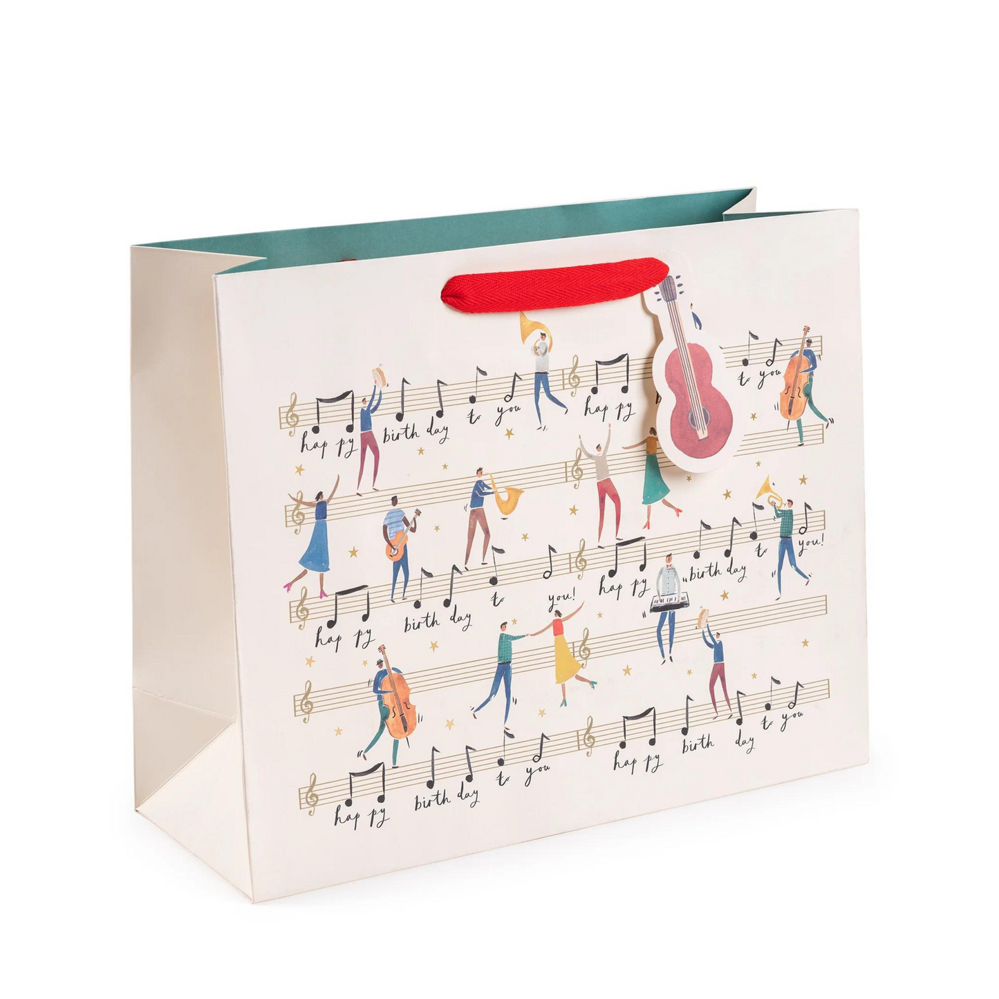 Load image into Gallery viewer, Large landscape shape gift bag illustrated with music notes and characters playing instruments
