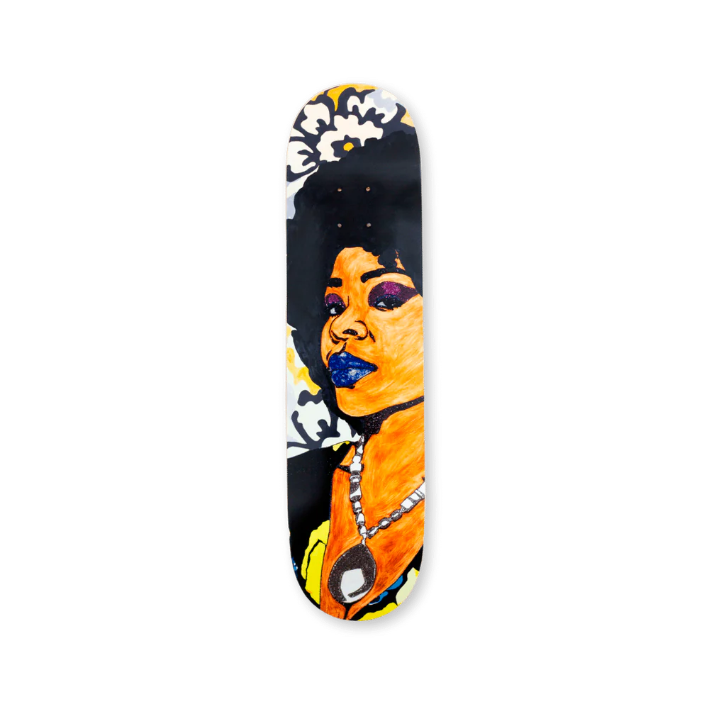 Front side of the Tres Belle Negresse skateboard wall art.