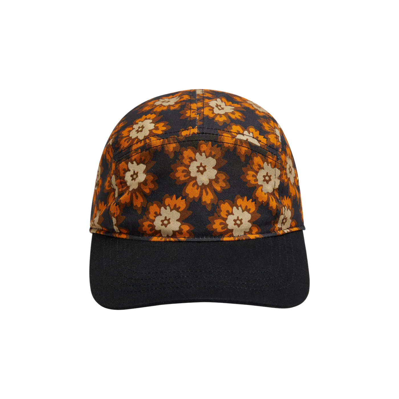 Front of the Flower hat. The predominant colours are black and, for the flower pattern, brown and orange.