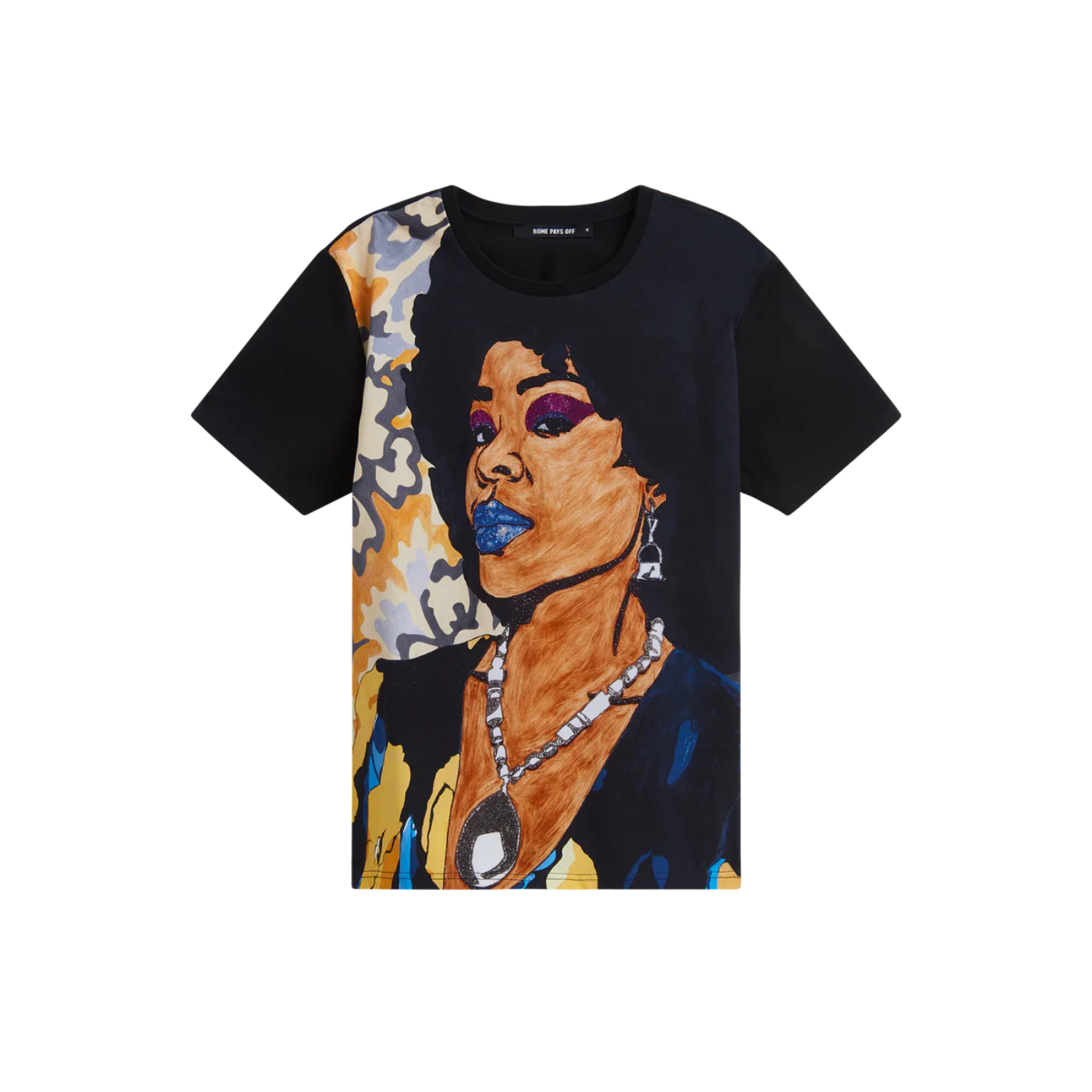 Front side of the Très Belle Négresse T-shirt. The predominant colours are black, dark blue.