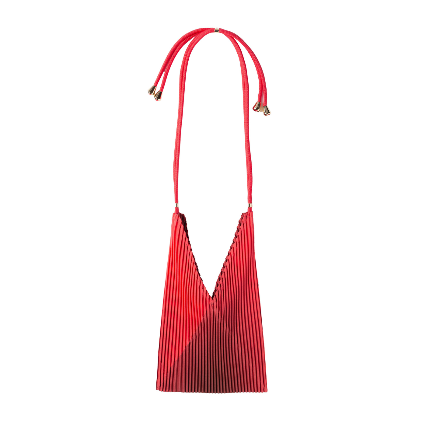 Red pleated bag with thin straps on a white background