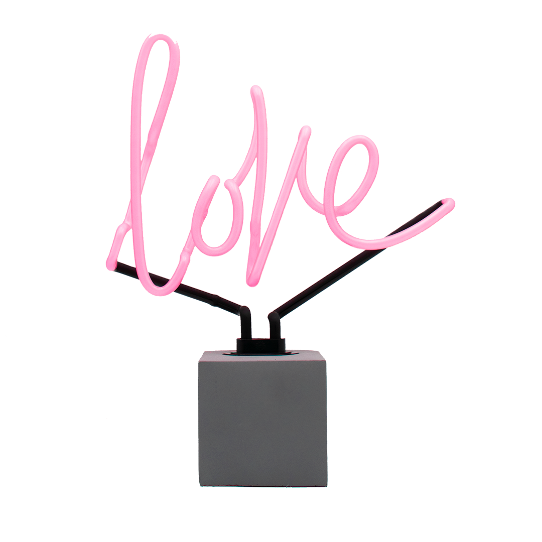 Neon sign with 'love' on a gray base against a white background