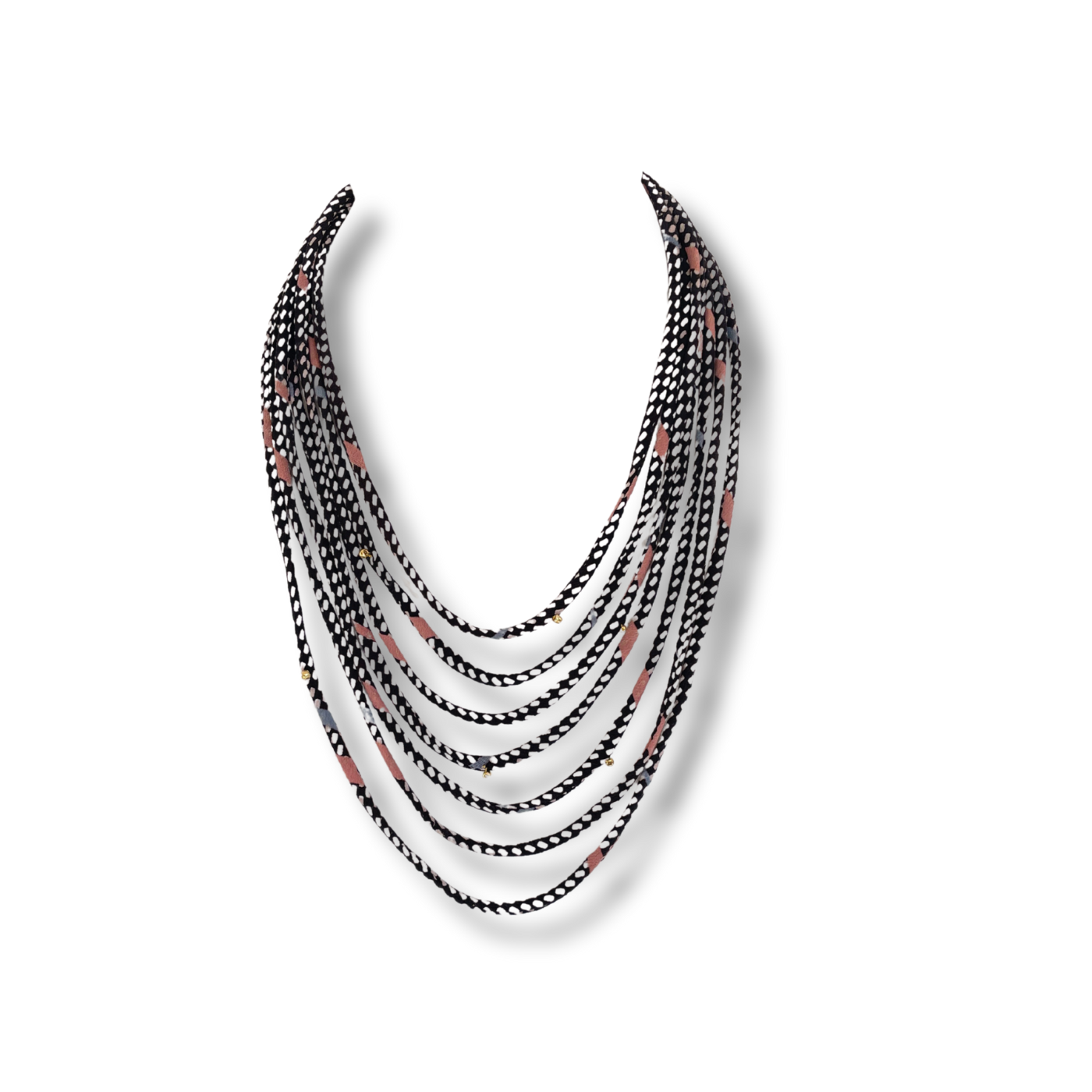 Black and white layered necklace on white background.