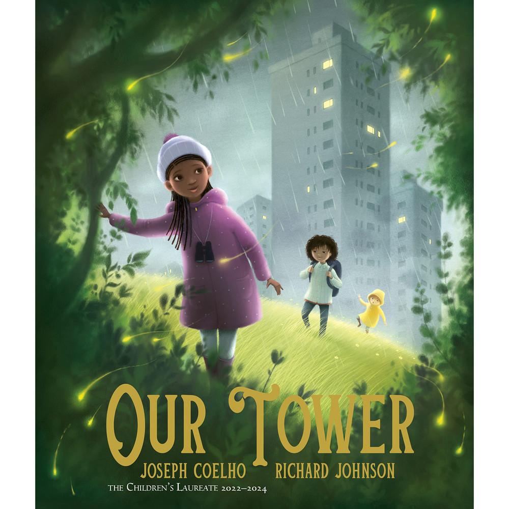 
                  
                    Our Tower Book Front Cover of a young girl wearing a hat and binoculars around her neck standing in the rain with tall buildings in the background.
                  
                