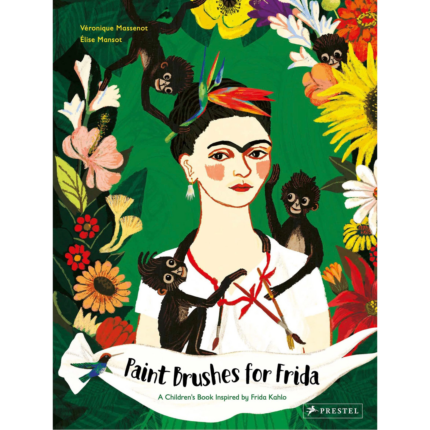 Paint Brushes for Frida book front cover with an image of Frida Kahlo surrounded by flowers and monkeys.
