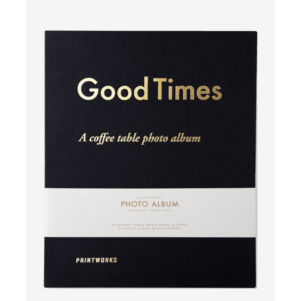 
                      
                        Black photo album with text in gold "Good Times, A coffee photo album" by Printworks
                      
                    