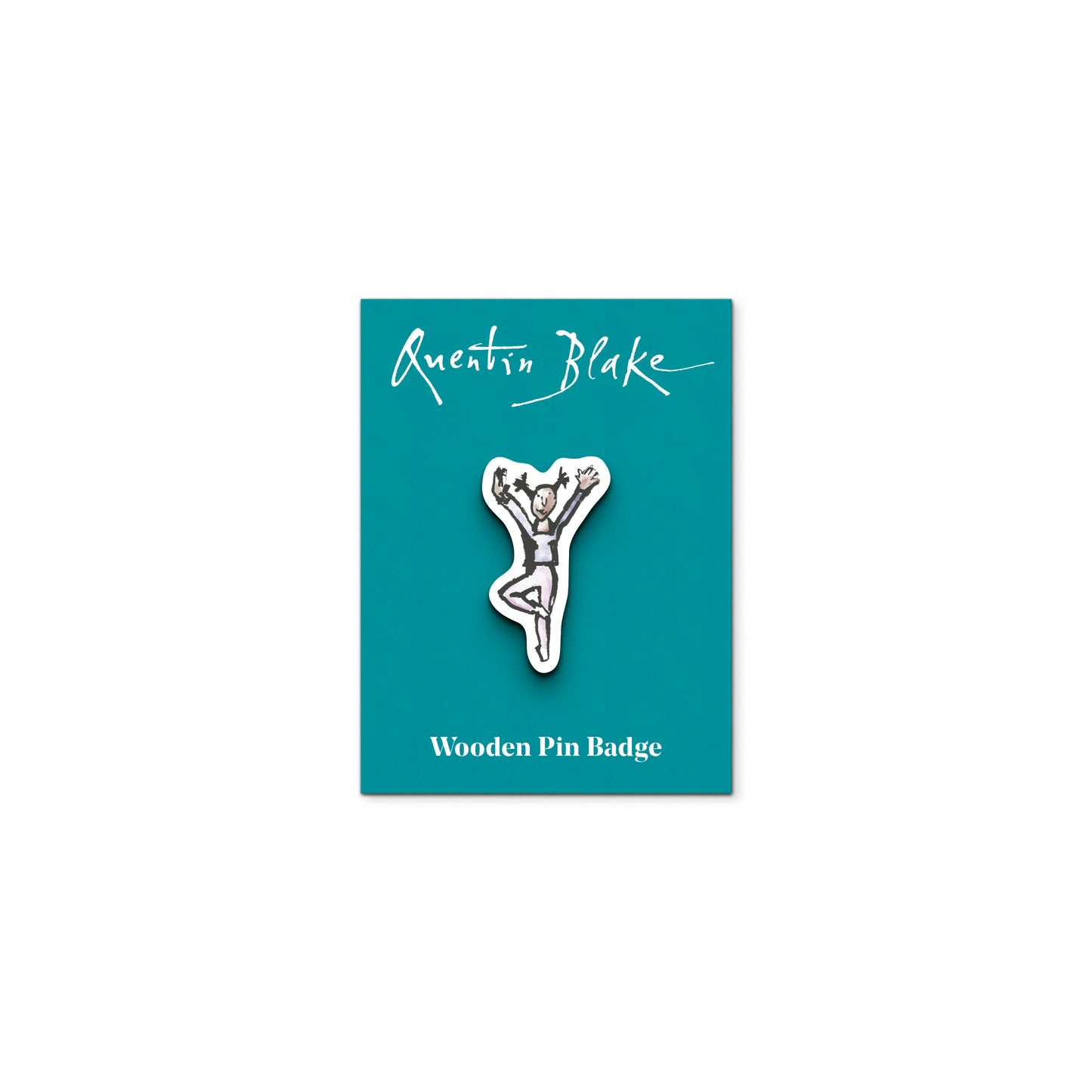 Wooden pin badge of a ballet dancer on a teal card with 'Quentin Blake' branding