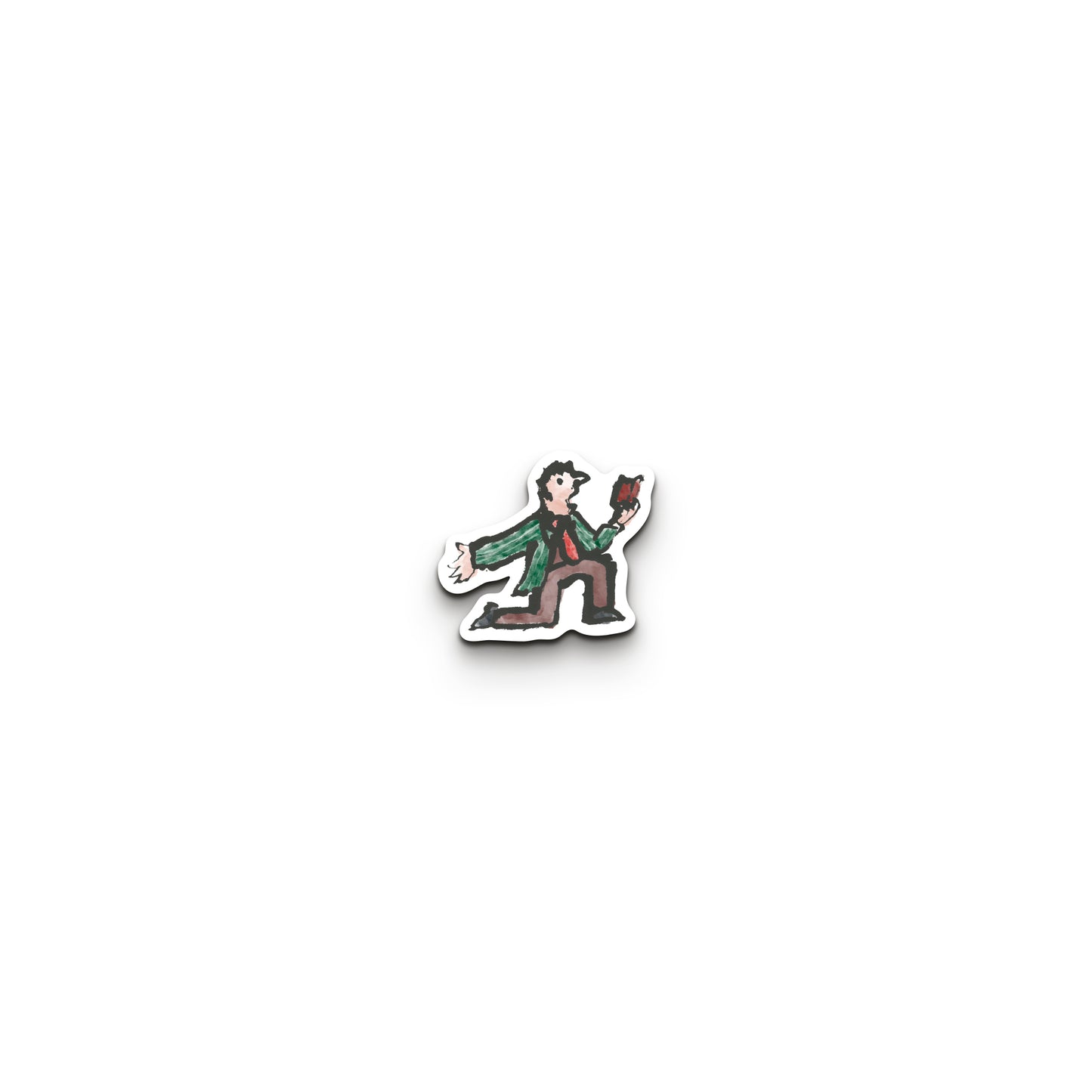 Wooden pin badge of a character kneeling on one knee on white background