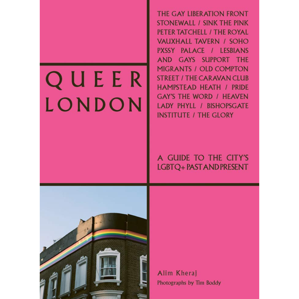 Queer London: A Guide to the City's LGBTQ+ pink front cover, showing a rainbow flag wrapped around a London building in the left bottom corner of the cover.