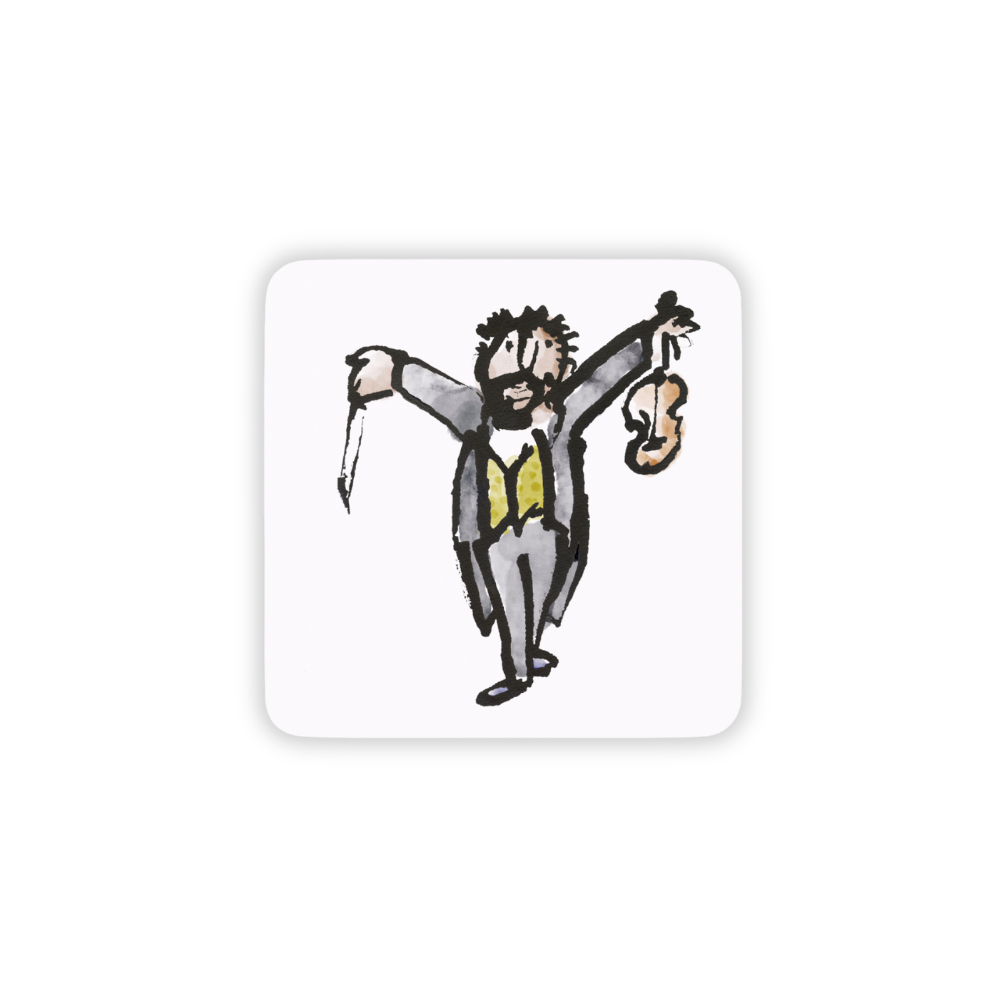 Coaster with an illustration of a man in formal attire with a beard, playing the violin