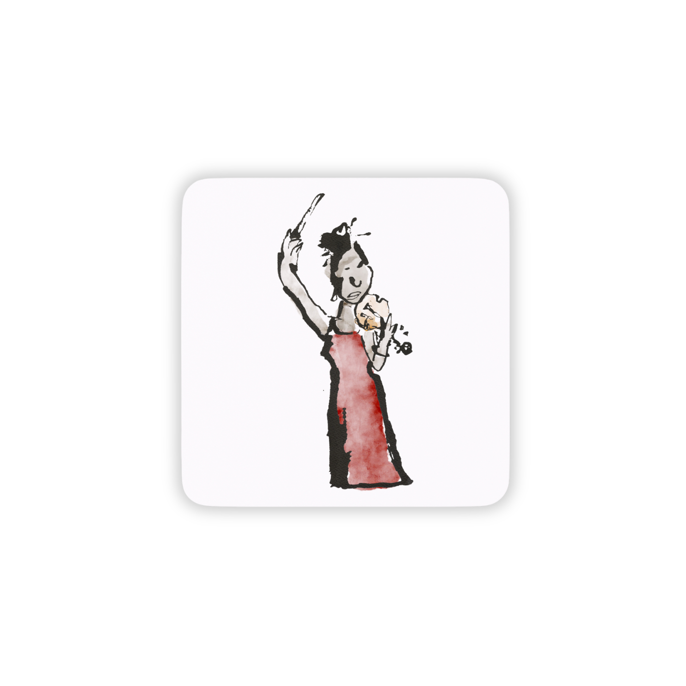 Coaster of an Illustration of a woman in a red dress holding a violin on a white background