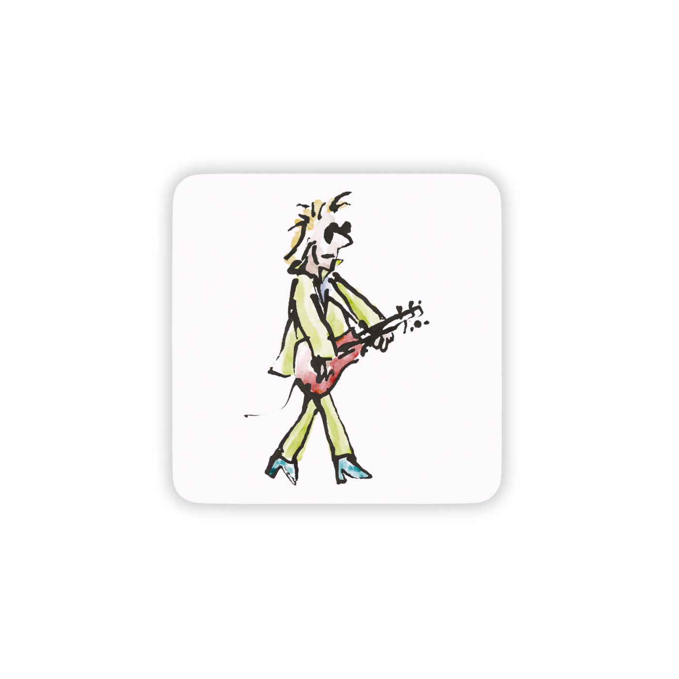Coaster with an illustration of a person playing a guitar on a white background