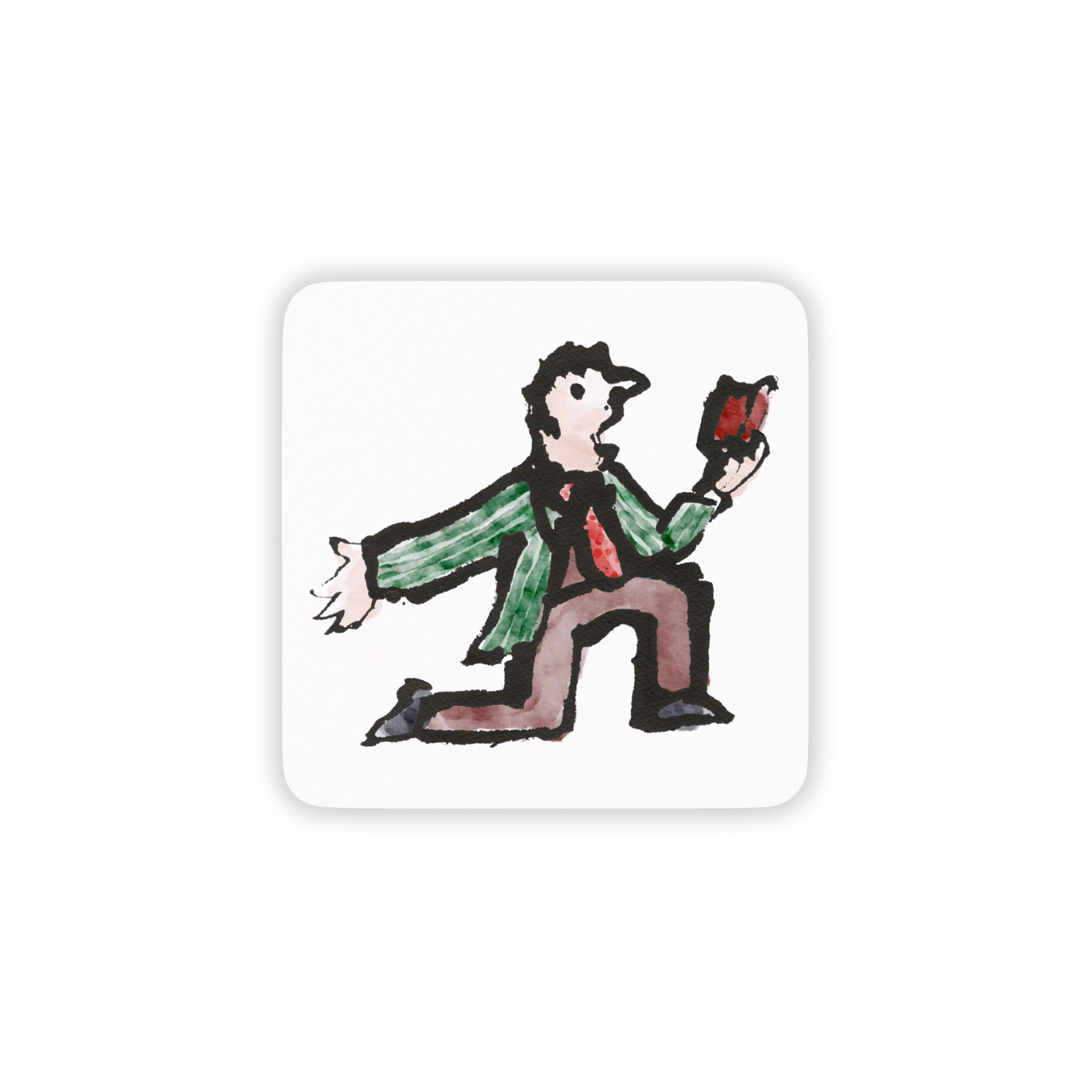 Coaster with an illustration of a character kneeling and reading out a book on a white background