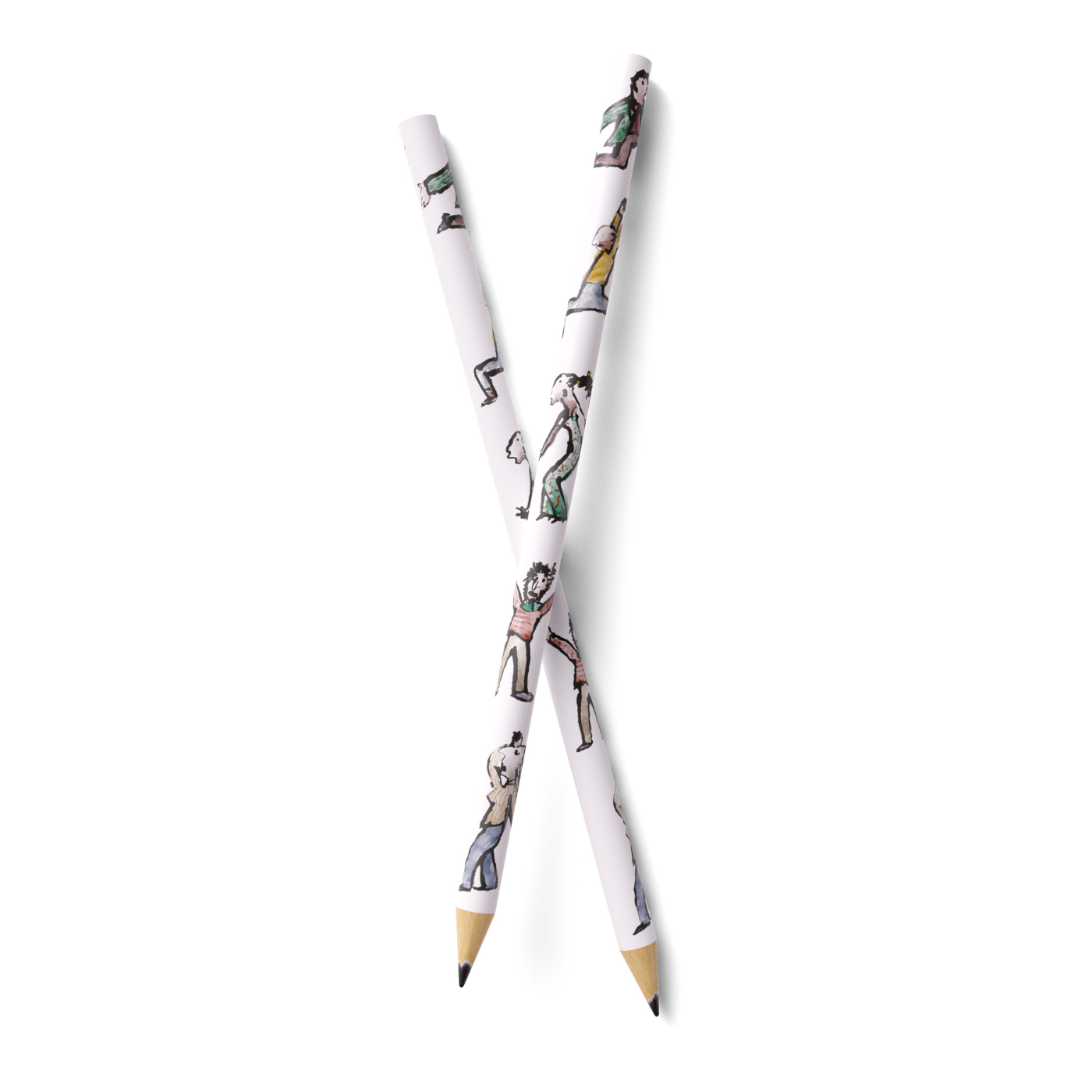 Two pencils with artistic designs on a white background